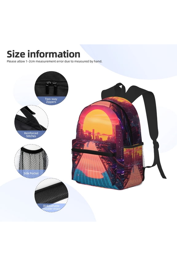 Neon Sunset Cyberpunk Cityscape Print Backpack, Waterproof Backpack with Adjustable Shoulder Straps, Suitable for Campus, Business, Travel, Unisex