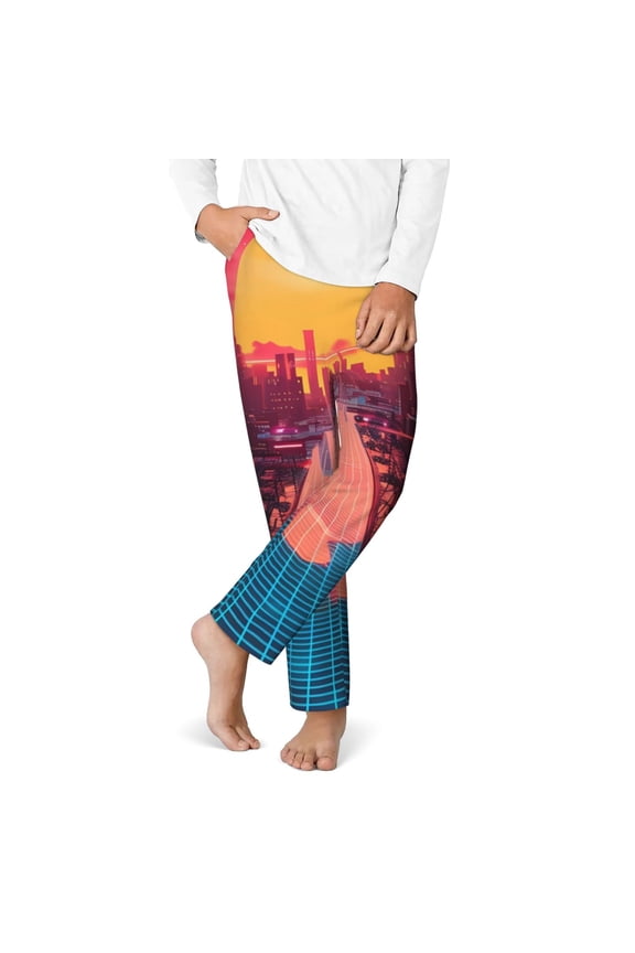 Neon Sunset Cyberpunk Cityscape Print Youth Home Trousers, Elastic Waistband with Pockets for Home and Outing, Suitable for Children Aged 5-16-Medium