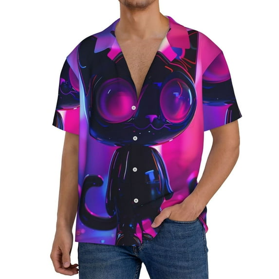 Gukieu Neon Toy Cat Reflections Print Men's Short-sleeved Shirts, Button-down Pocket Shirts, T-shirts, Beach Vacation Travel Summer Clothing-Medium