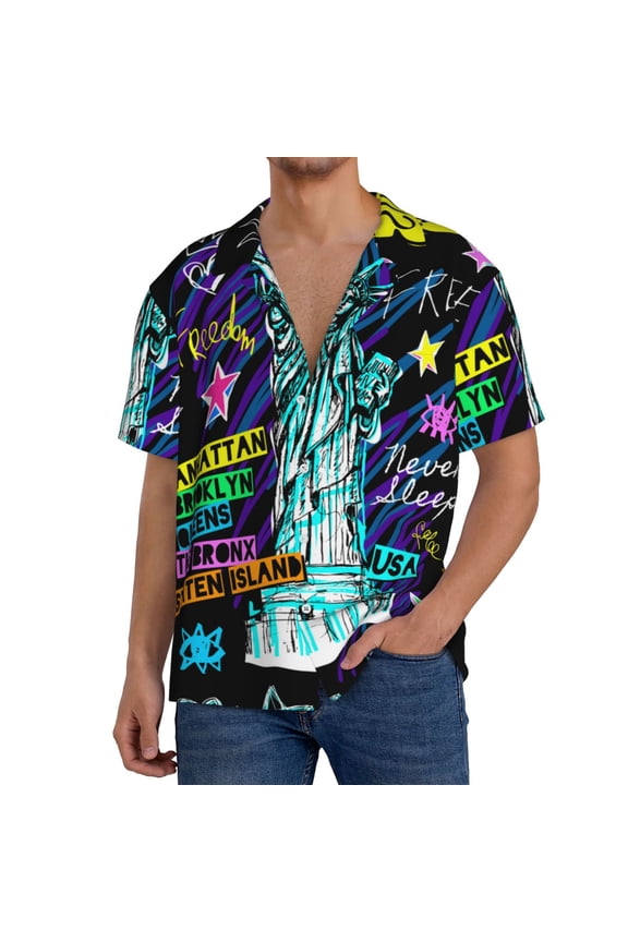 New York City Print Men's Short-sleeved Shirts, Button-down Pocket Shirts, T-shirts, Beach Vacation Travel Summer Clothing-Small
