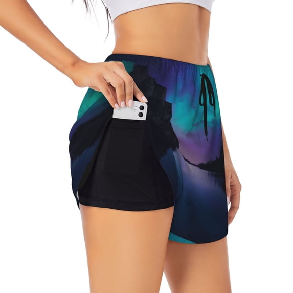 Gukieu Night At Lake Aurora Print Women's Sports Shorts with Drawstring Elastic Waistband for Running, Yoga, Fitness-Medium