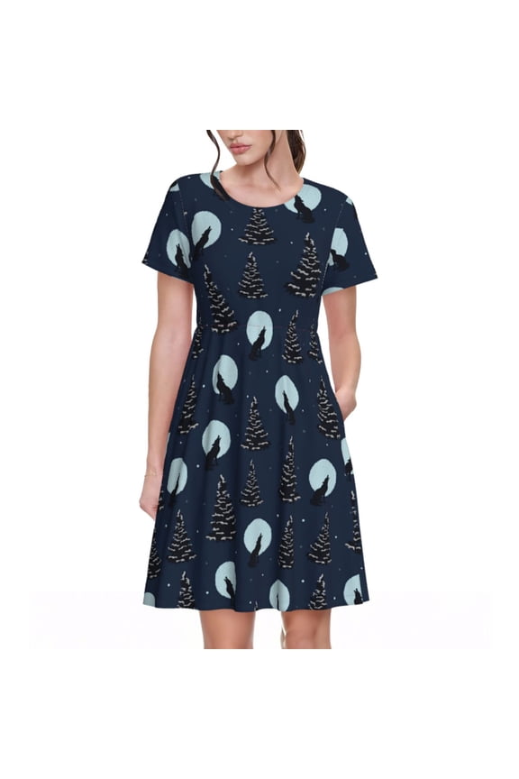 Night Forest Wolf Print Women's Short Sleeve Dress, Elastic Waistband A-line with Pockets Summer Dress, Suitable for Daily Leisure, Work, Vacation