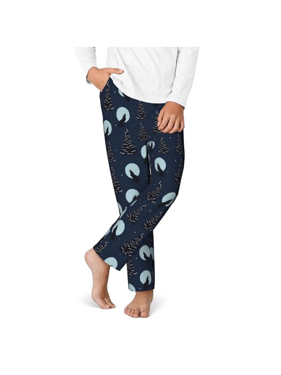 Night Forest Wolf Print Youth Home Trousers, Elastic Waistband with Pockets for Home and Outing, Suitable for Children Aged 5-16-Large