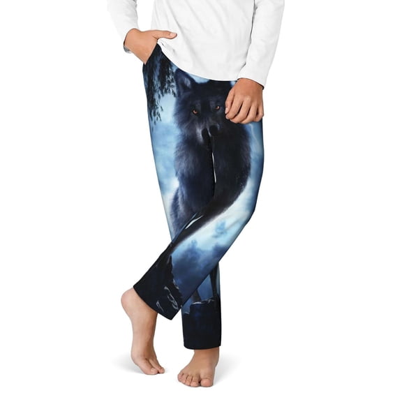 Gukieu Night Scene of Wolves Print Youth Home Trousers, Elastic Waistband with Pockets for Home and Outing, Suitable for Children Aged 5-16-Medium