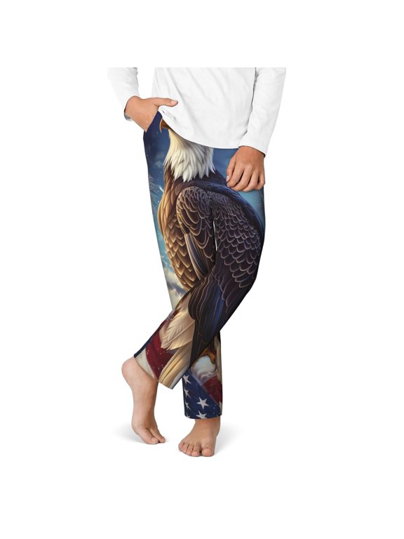 Night Sky Bald Eagle Print Youth Home Trousers, Elastic Waistband with Pockets for Home and Outing, Suitable for Children Aged 5-16-Medium