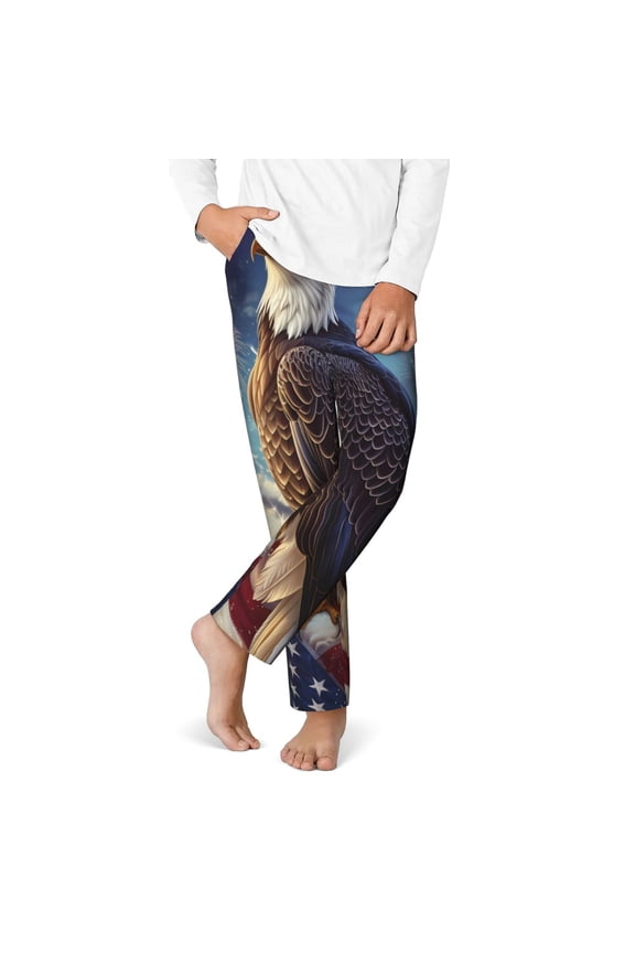 Night Sky Bald Eagle Print Youth Home Trousers, Elastic Waistband with Pockets for Home and Outing, Suitable for Children Aged 5-16-Medium