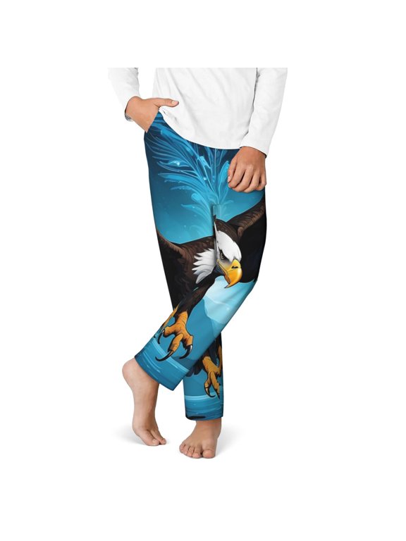 Night Sky Forest Bald Eagle Print Youth Home Trousers, Elastic Waistband with Pockets for Home and Outing, Suitable for Children Aged 5-16-Medium
