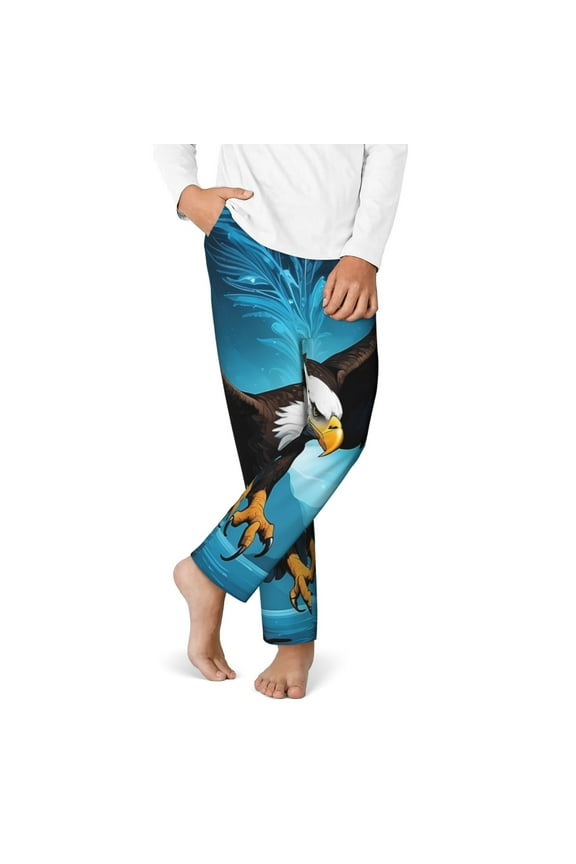 Night Sky Forest Bald Eagle Print Youth Home Trousers, Elastic Waistband with Pockets for Home and Outing, Suitable for Children Aged 5-16-Small