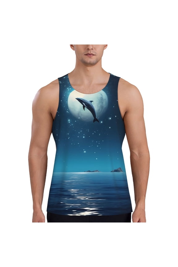 Night Sky Moon Dolphin Print Men's Quick Dry Fitness Vest, Round Neck Sleeveless Fitness Bodybuilding Top-Large