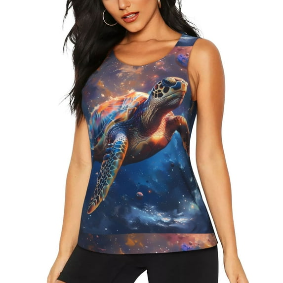 Gukieu Night Sky Turtle Print Women's Quick-drying Fitness Vest, Round Neck Sleeveless Fitness T-shirt, Suitable for Yoga, Sports-Large