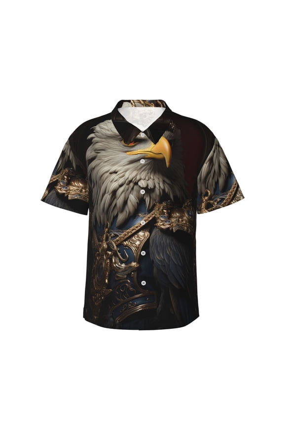 Noble Style Bald Eagle Print Men's Short-sleeved Shirts, Button-down Lapel Hawaiian Shirts, T-shirts, Beach Vacation Summer Casual Wear,Medium