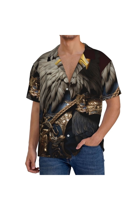 Noble Style Bald Eagle Print Men's Short-sleeved Shirts, Button-down Pocket Shirts, T-shirts, Beach Vacation Travel Summer Clothing-Small