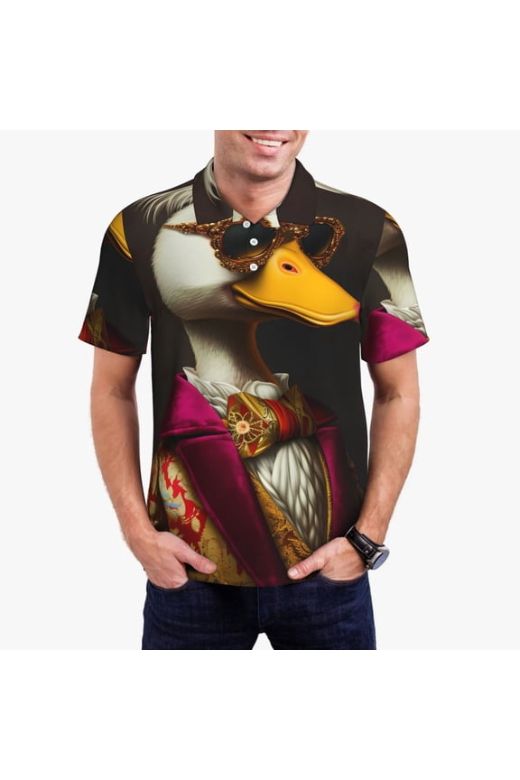 Noble Style Duck Print Men's Quick-drying POLO Shirt, Button-down Summer T-shirt, Suitable for Work and Outdoor Activities-Small