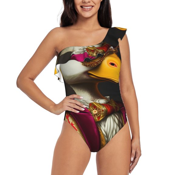 Gukieu Noble Style Duck Print One-shoulder Ruffled One-piece Swimsuit with Removable Chest Pads and Tummy-control Swimsuit for Women-Medium