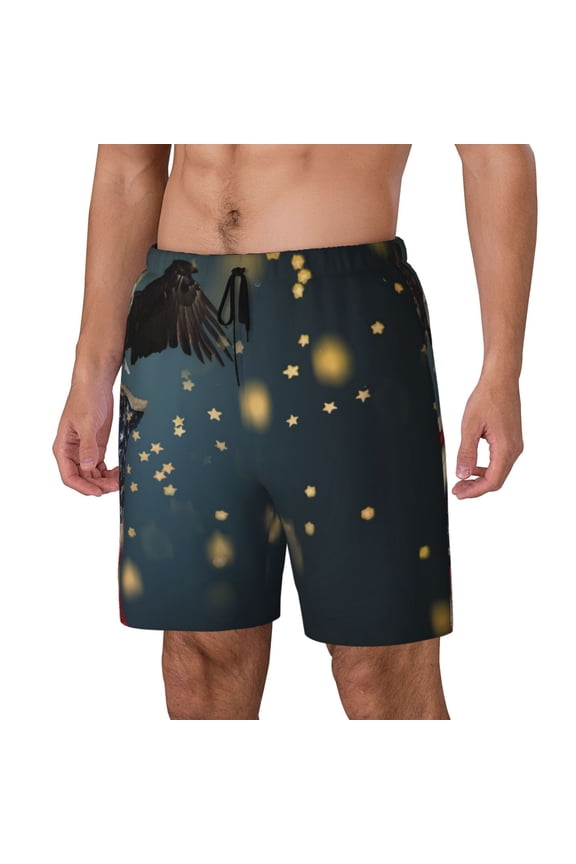North American Bald Eagle Print Men's Double Layer Sports Swim Trunks, Quick Dry Adjustable Waist Swim Shorts Swimwear-3X-Large