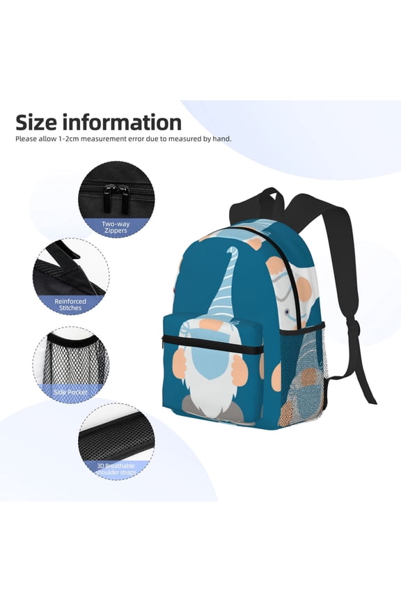 Nurse Doctor Gnomes Print Backpack, Waterproof Backpack with Adjustable Shoulder Straps, Suitable for Campus, Business, Travel, Unisex