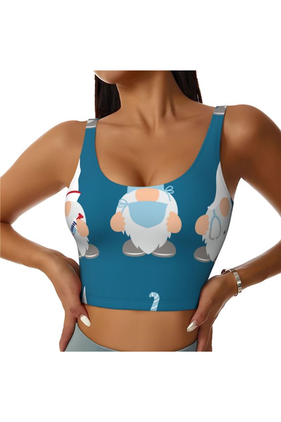 Nurse Doctor Gnomes Print Women's Sports Vest, Low-neck U-shaped Removable Pad Sports Bra for Yoga, Exercise, Dance-Small