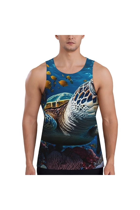 Ocean Coral Turtle Print Men's Quick Dry Fitness Vest, Round Neck Sleeveless Fitness Bodybuilding Top-4X-Large