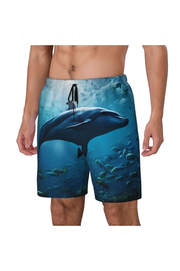 Ocean Dolphin Fish School Print Men's Double Layer Sports Swim Trunks, Quick Dry Adjustable Waist Swim Shorts Swimwear-3X-Large