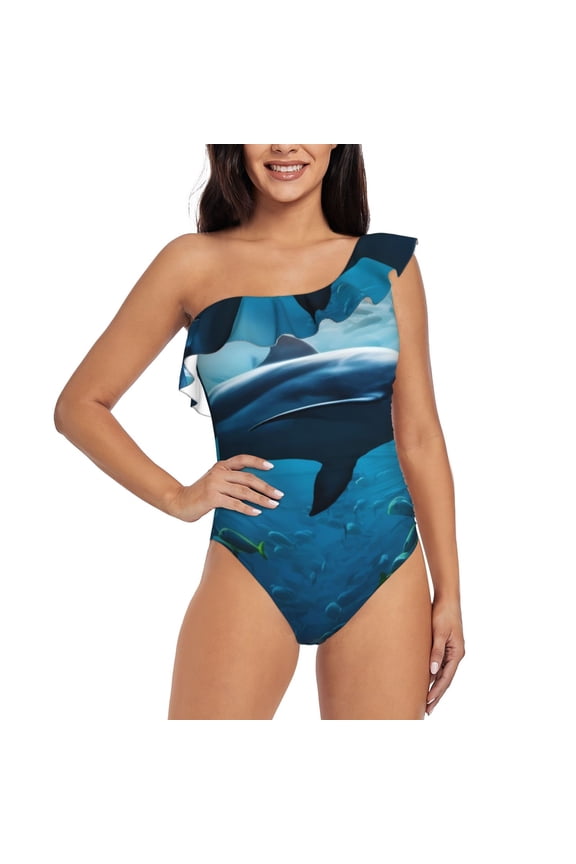 Ocean Dolphin Fish School Print One-shoulder Ruffled One-piece Swimsuit with Removable Chest Pads and Tummy-control Swimsuit for Women-XX-Large