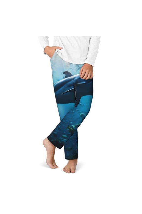 Ocean Dolphin Fish School Print Youth Home Trousers, Elastic Waistband with Pockets for Home and Outing, Suitable for Children Aged 5-16-Large