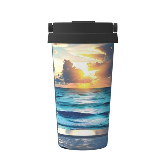 Gukieu Ocean View Bedroom Print Insulated Coffee Cup, Portable Stainless Steel Vacuum Cup with Lid, Unisex, Suitable for Office, Cafe, Car