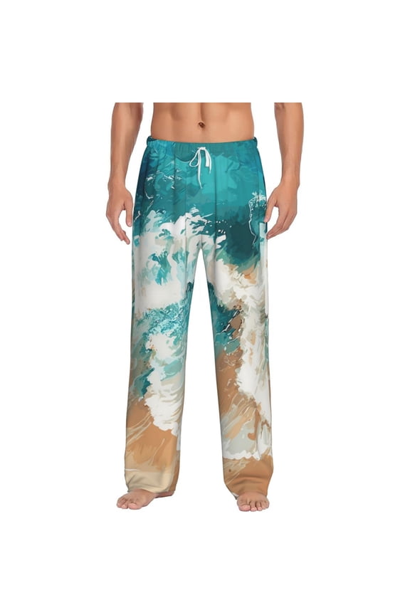Ocean Wave Crash Print Men's Home Trousers, Elastic Drawstring Home Pajamas Clothing Suitable for Adult Men-Small