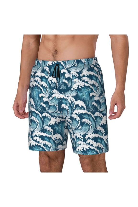 Ocean Waves Print Men's Double Layer Sports Swim Trunks, Quick Dry Adjustable Waist Swim Shorts Swimwear-XX-Large