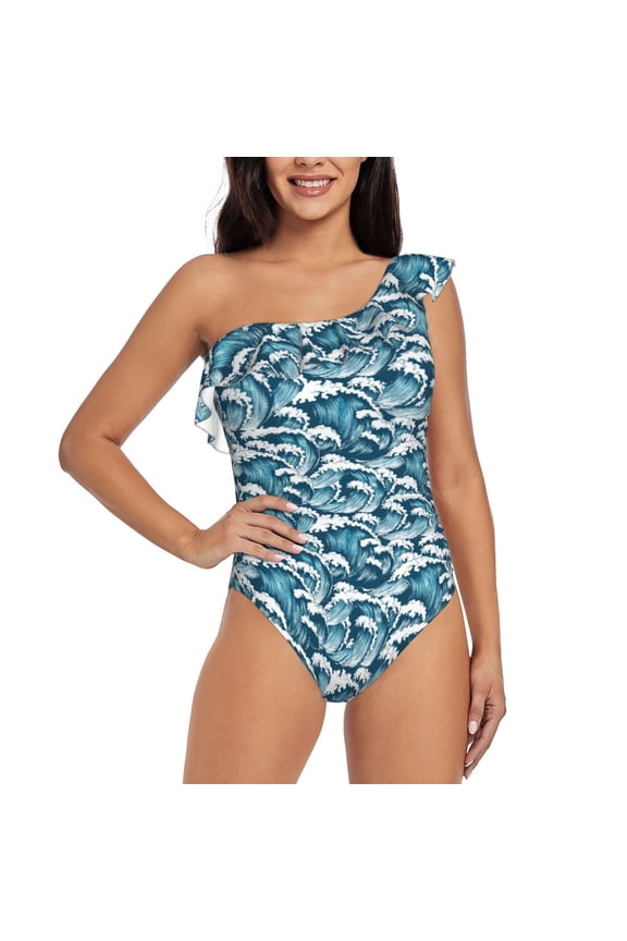 Ocean Waves Print One-shoulder Ruffled One-piece Swimsuit with Removable Chest Pads and Tummy-control Swimsuit for Women-Small