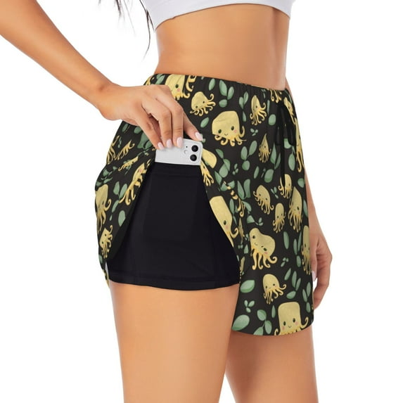 Gukieu Octopuses And Leaves Print Women's Sports Shorts with Drawstring Elastic Waistband for Running, Yoga, Fitness-X-Large