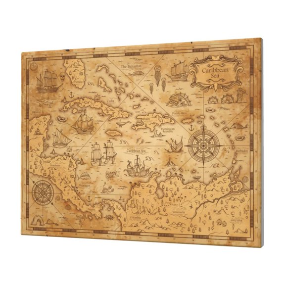 Gukieu Old Vintage Map Of Sea Print Horizontal Canvas Decorative Painting 12x16 Inch Shrinkage Resistant Frame Hanging Home Wall Art Decor