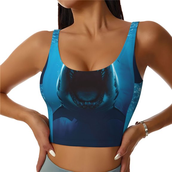 Gukieu Open-Mouthed Shark Print Women's Sports Vest, Low-neck U-shaped Removable Pad Sports Bra for Yoga, Exercise, Dance-Large