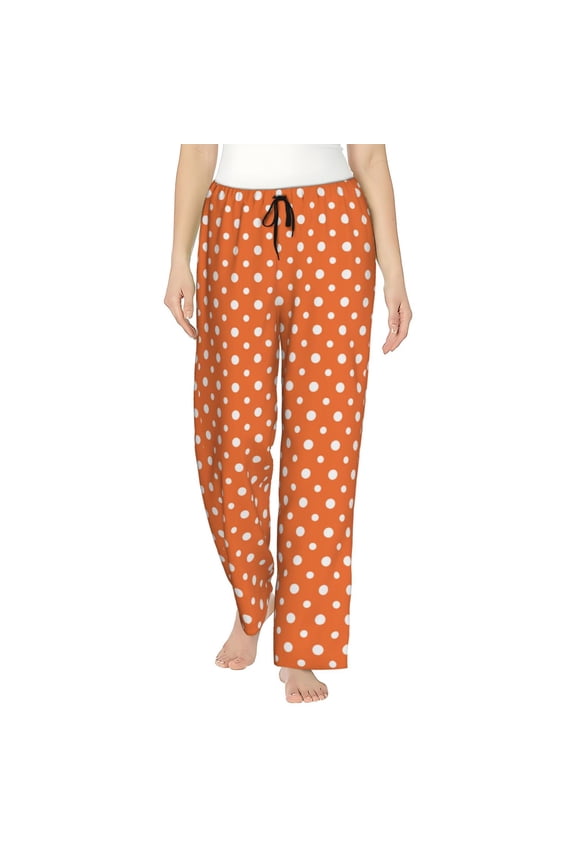 Orange And White Polka Dot Print Women's Home Trousers, with Pockets and Drawstring Pajamas, Home Pajamas, Sleepwear-Medium