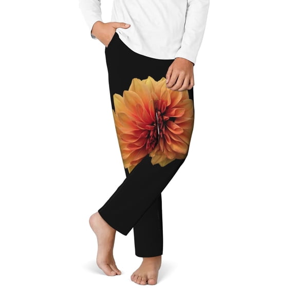 Gukieu Orange Dalia Print Youth Home Trousers, Elastic Waistband with Pockets for Home and Outing, Suitable for Children Aged 5-16-XS(5-6)