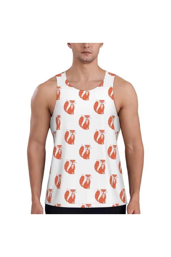 Orange Fox Print Men's Quick Dry Fitness Vest, Round Neck Sleeveless Fitness Bodybuilding Top-Large