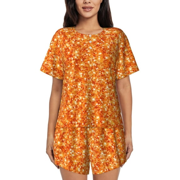 Gukieu Orange Glitter Print Women's Short-sleeved Pajama Set, Round Neck Button Top Elastic Shorts 2-piece Set, Summer Home Leisure Clothing-Large