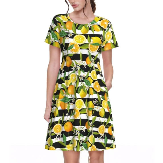 Gukieu Orange and Lemon Print Women's Short Sleeve Dress, Elastic Waistband A-line with Pockets Summer Dress, Suitable for Daily Leisure, Work, Vacation