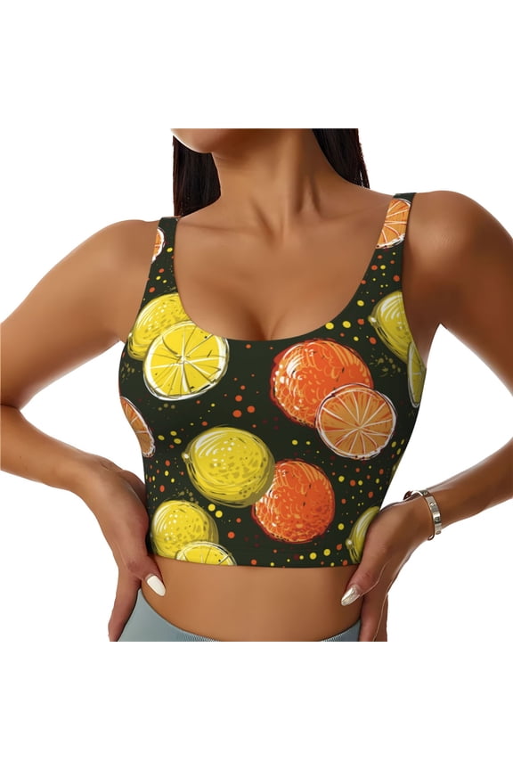 Orange Lemon Print Women's Sports Vest, Low-neck U-shaped Removable Pad Sports Bra for Yoga, Exercise, Dance-
