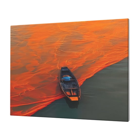 Gukieu Orange Net Fishing Boat Print Horizontal Canvas Decorative Painting 12x16 Inch Shrinkage Resistant Frame Hanging Home Wall Art Decor