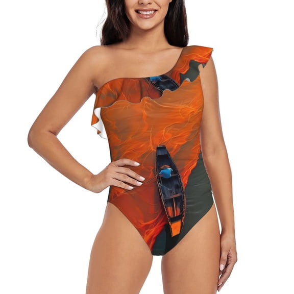 Gukieu Orange Net Fishing Boat Print One-shoulder Ruffled One-piece Swimsuit with Removable Chest Pads and Tummy-control Swimsuit for Women-