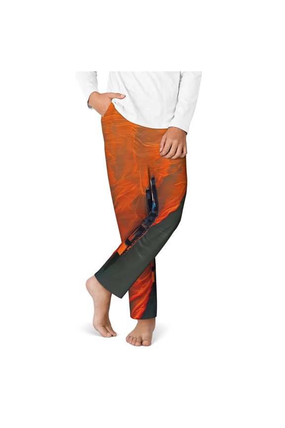 Orange Net Fishing Boat Print Youth Home Trousers, Elastic Waistband with Pockets for Home and Outing, Suitable for Children Aged 5-16-Medium