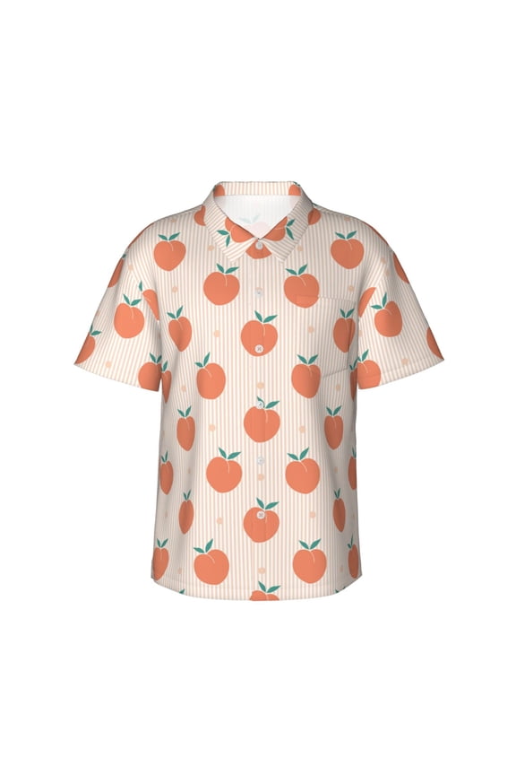 Orange Peach Print Men's Short-sleeved Shirts, Button-down Lapel Hawaiian Shirts, T-shirts, Beach Vacation Summer Casual Wear,Large