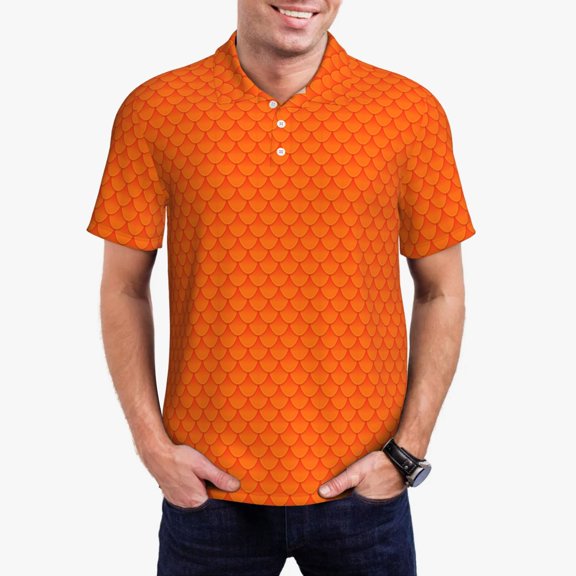 Gukieu Orange Scales Print Men's Quick-drying POLO Shirt, Button-down Summer T-shirt, Suitable for Work and Outdoor Activities-X-Large