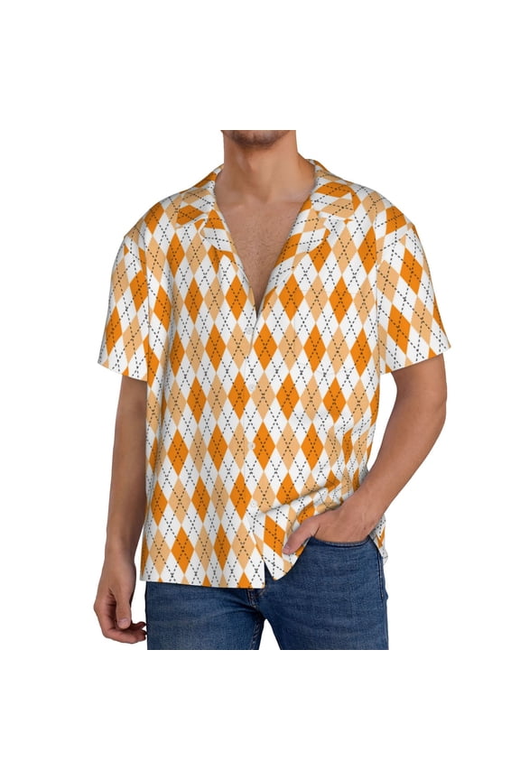 Orange argyle Print Men's Short-sleeved Shirts, Button-down Pocket Shirts, T-shirts, Beach Vacation Travel Summer Clothing-Medium