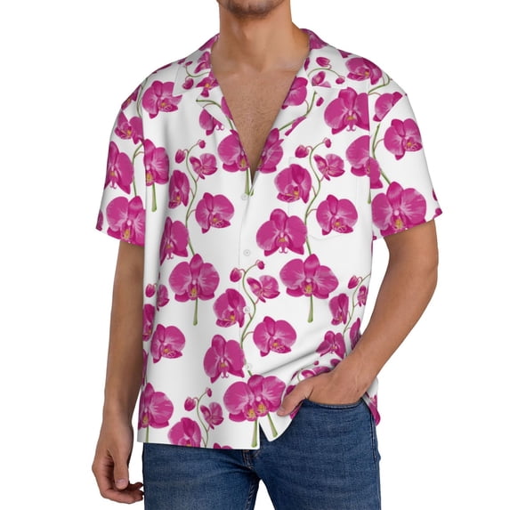 Gukieu Orchids Flowers Print Men's Short-sleeved Shirts, Button-down Pocket Shirts, T-shirts, Beach Vacation Travel Summer Clothing-3X-Large