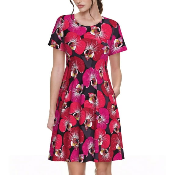 Gukieu Orchids Flowers Print Women's Short Sleeve Dress, Elastic Waistband A-line with Pockets Summer Dress, Suitable for Daily Leisure, Work, Vacation