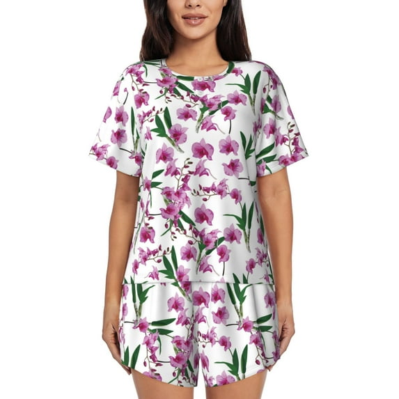 Gukieu Orchids Flowers Print Women's Short-sleeved Pajama Set, Round Neck Button Top Elastic Shorts 2-piece Set, Summer Home Leisure Clothing-3X-Large