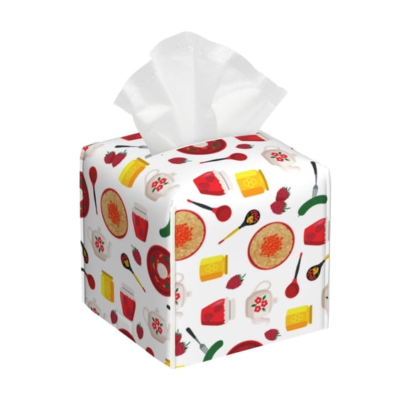 Gukieu Oriental Cuisine Print Leather Tissue Box, PVC Waterproof Velcro Opening and Closing Square Tissue Box Holder, Suitable for Home and Office Decoration