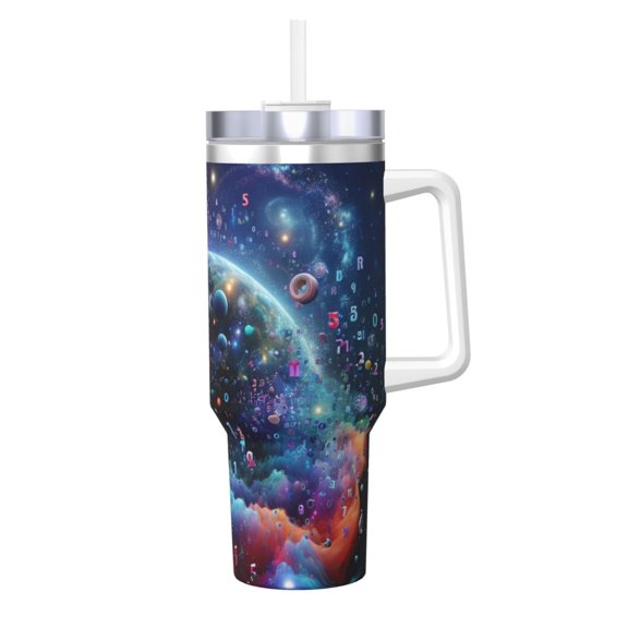 Gukieu Outer Space Floating Numbers And Letters Print 40OZ Ice Cup, Stainless Steel Vacuum Kettle with Handle Suitable for Hot and Cold Drinks, Travel, Fitness