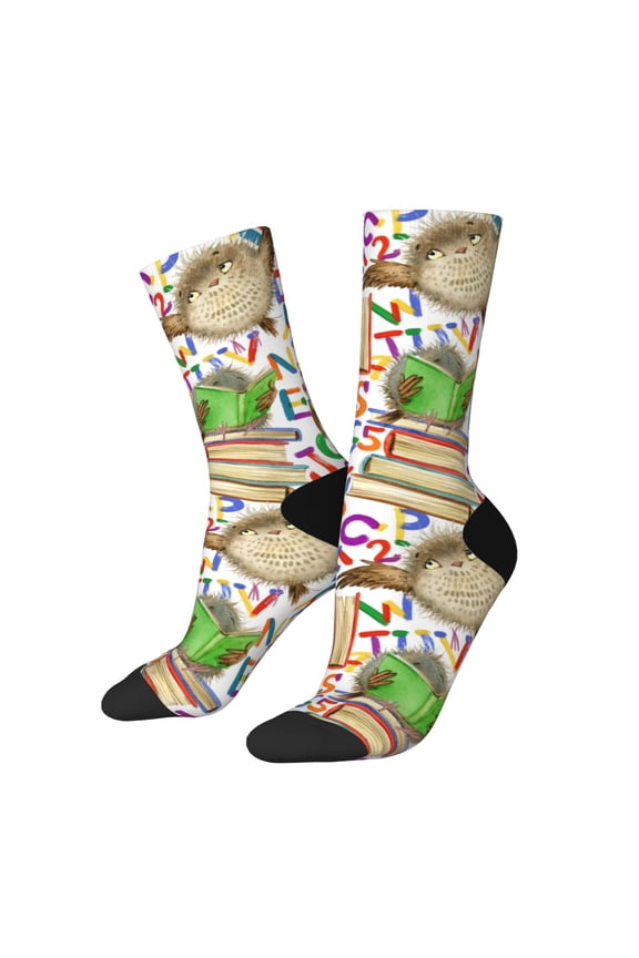 Owl Back To School Print Contrast Color Mid-calf Socks, Sweat-wicking Athletic Socks, Unisex Clothing Accessories